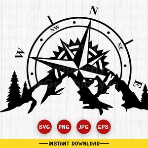 Puede incluir: Silueta en blanco y negro de una rosa de los vientos con montañas y árboles. La rosa de los vientos indica las direcciones N, NW, NE, E y W. Las montañas tienen la forma de una cordillera. Los árboles son pinos.