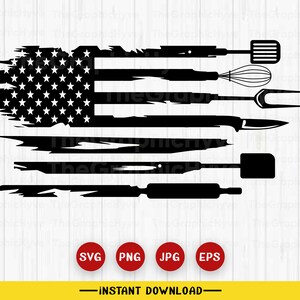 Pode incluir: Um design de bandeira americana desgastado com utensílios de cozinha, incluindo uma espátula, um batedor, um garfo, uma faca, um rolo e uma colher de pau.