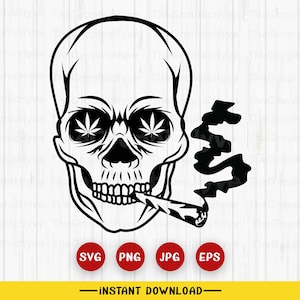 May include: Black and white illustration of a skull smoking a joint. The skull has marijuana leaves in its eye sockets. The smoke is depicted as a stylized cloud.