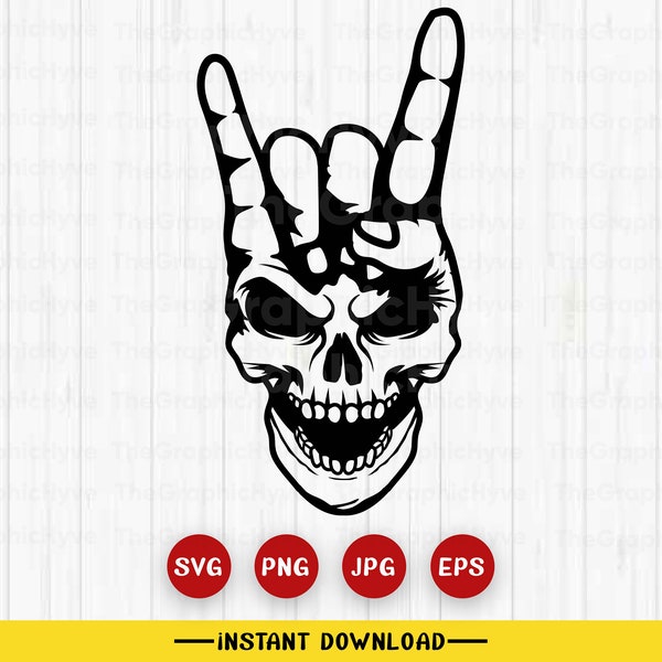 Rockers Skull Svg || Rock Hand sign Skull Clipart || Skull Clipart || Skull Svg || Punkrock Sign Svg || Rock hand Skull Svg || CutFiles