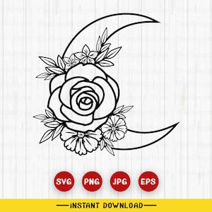 Crescent Moon with Flower SVG, Flower SVG, Floral Rose Moon Svg Cricut, Silhouette, Vinyl Cut image, Vector image