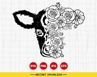 May include: Black and white silhouette of a cow's head with a floral design covering the right side of the face. The flowers are roses, daisies, and other small flowers.