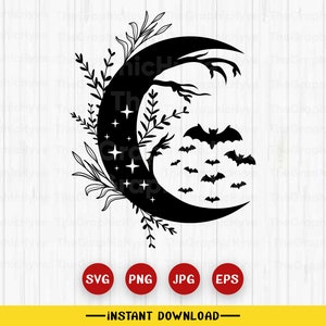 Flying Bats with Moon SVG file, Spooky Bats svg, Halloween Bats svg, Night scene svg, Halloween wall decor, Nocturnal svg, Halloween sign