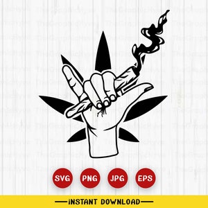Puede incluir: Ilustración en blanco y negro de una mano haciendo el signo shaka, sosteniendo un porro de marihuana con humo que sale de él. La mano está rodeada de una hoja de marihuana estilizada.
