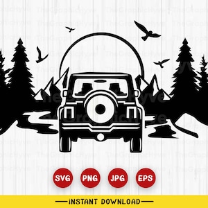 May include: Black and white silhouette of a jeep driving through a forest with mountains in the background. The jeep has a spare tire on the back. There are birds flying in the sky and a sun in the background.