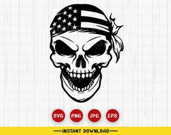 Bandana Skull Svg File | US Skull Clipart |  Skull Illustration |  USA Skull | US Skull Svg | Skull Svg | Skull Cut Files | Skull Clipart
