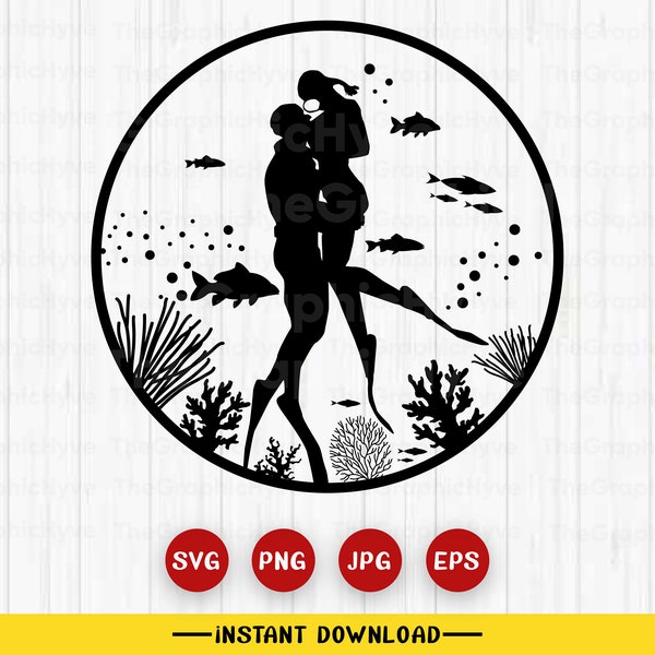 Couple Diver Scuba Diving Adventure Silhouette SVG | Clipart | Diving svg | Instant Download PNG JPG | Free diver couple | Couple Diver svg