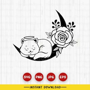 Floral Moon Cat Svg, Cat Svg, Moon Cat Svg, Cat With Flowers Svg, Magical Cat Svg, Floral Cat Svg, Cat on the Moon, Mystical Cat Png
