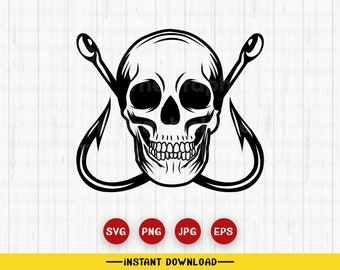 May include: Black and white illustration of a skull with two fishing hooks crossed behind it.