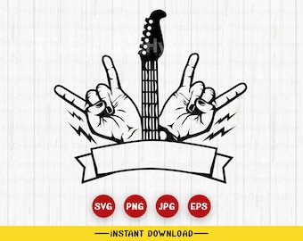Rock And Roll Musique SVG | Guitare SVG | Signe de main de roche Svg | Rock N Roll SVG | Svg à bascule | Heavy Metal Svg | Téléchargement instantané, Png, Eps