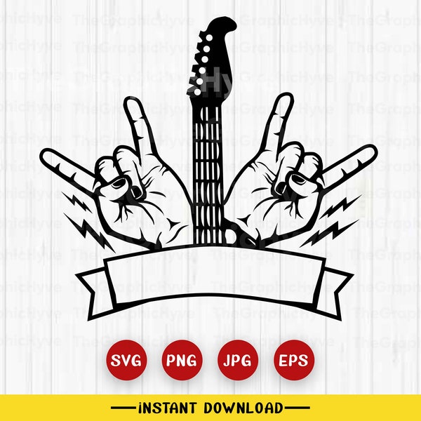 Rock And Roll Music SVG | Guitar SVG | Rock hand sign Svg | Rock N Roll SVG | Rocker Svg | Heavy Metal Svg | Instant Download, Png, Eps