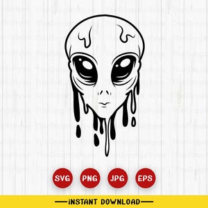 May include: Black and white illustration of an alien's face with dripping lines. The alien has large eyes and a small mouth.