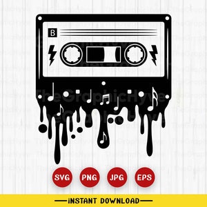 Arquivos SVG de fita cassete pingando | Arquivos de corte de cassete | Vetor de cassete de áudio | Vetor SVG retrô | Clip-art de mixtape SVG | Arquivos png,svg,jpeg