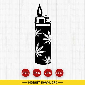 May include: Black and white silhouette of a lighter with a flame on top. The lighter is covered in a pattern of marijuana leaves.