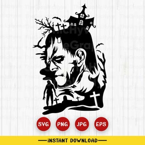 Frankenstein Scene Svg | Scary graveyard Svg, Halloween scene Svg, Haunted house Svg, Zombie Svg, Halloween Shirt, Clipart Png Dxf Eps