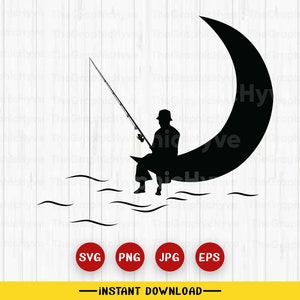 May include: A black silhouette of a person fishing from a crescent moon. The person is wearing a hat and holding a fishing rod. The moon is in the water, with waves behind it.
