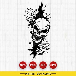 May include: Black and white illustration of a skull with a menacing grin, breaking through a wall with skeletal hands reaching out.