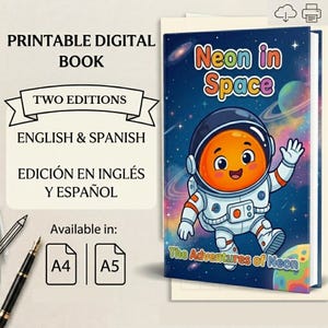 Puede incluir: Un libro digital imprimible titulado Neon in Space que muestra un astronauta de dibujos animados con casco naranja en una galaxia colorida. La portada incluye el texto Neon in Space y The Adventures of Neon. Disponible en tamaños A4 y A5.