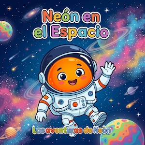 以下が含まれることがあります： 白い宇宙服を着た丸いオレンジ色の頭の漫画の宇宙飛行士が、カラフルな惑星、星、星雲が描かれた濃い青色の宇宙の背景に浮かんでいます。上部には「Neón en el Espacio」、下部には「Las aventuras de Neón」というテキストが書かれています。