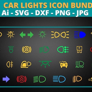 27 car lights dashboard icons bundle - master light,headlights,high beam,turn signal,front fog lamps,rear fog,parking Ai, Svg, DXF,PNG, JPG