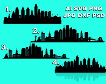 Philadelphia 4 files bundle Silhouette in SVG, Ai, Dxf, Jpg, Png, Psd. Clipart and Cut file. 4 file versions of Philly cityscape design