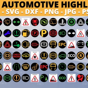 66 car highlights automotive bundle icons. Ai, SVG, Png, DXF, PSD, Jpg files. Automotive instrument cluster dashboard icons. Car Svg files