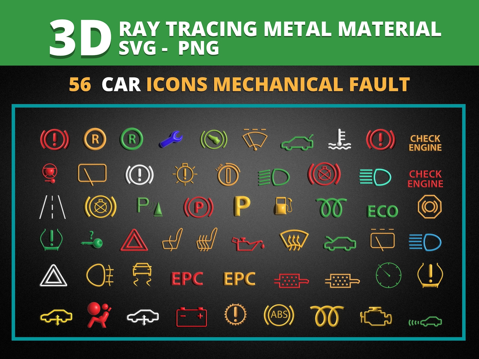 56 3D Car Dashboard Icons SVG/PNG Bundle - Check Engine, Vehicle Fault ...