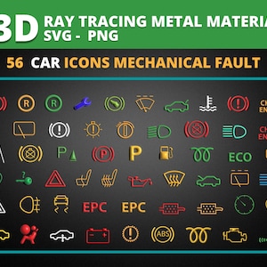 56 Pacote SVG/PNG de ícones do painel do carro 3D - Verifique o motor, indicadores de falha do veículo, ilustrações vetoriais automotivas para Cricut e Silhouette