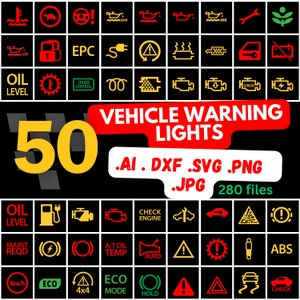 May include: A black and yellow graphic featuring 50 vehicle warning lights. The lights are arranged in a grid pattern and labelled with their corresponding meanings. The text "VEHICLE WARNING LIGHTS" is in red and white lettering. The text ".AI .DXF .SVG .PNG .JPG 280 files" is in white lettering.