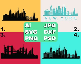 New York City Skyline Vector Bundle - Downtown Silhouette Landmarks - Statue of Liberty Outline SVG, Ai, JPG, PNG, Psd, Dxf