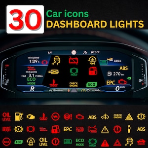 Może przedstawiać: Zbiór 30 ikon świateł ostrzegawczych deski rozdzielczej samochodu. Ikony są czerwone, żółte i zielone i przedstawiają różne funkcje samochodu, w tym poziom oleju, kontrolę silnika, ABS, tempomat i tryb eco.