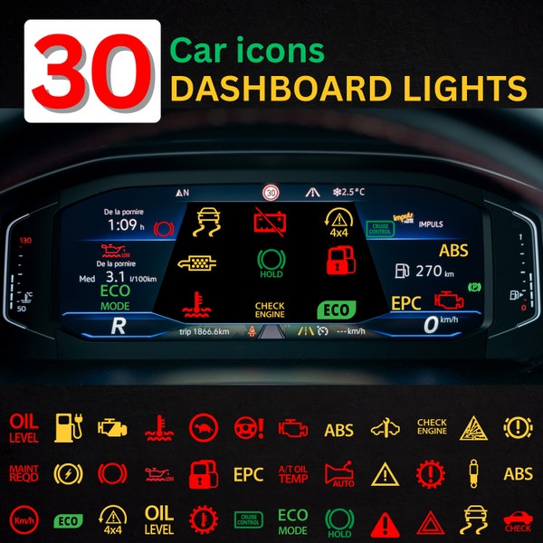 Professional Auto Dashboard Icons Set - 30 Quality SVG, Png, Ai, Psd, DXF, JPG Files - Warning Lights