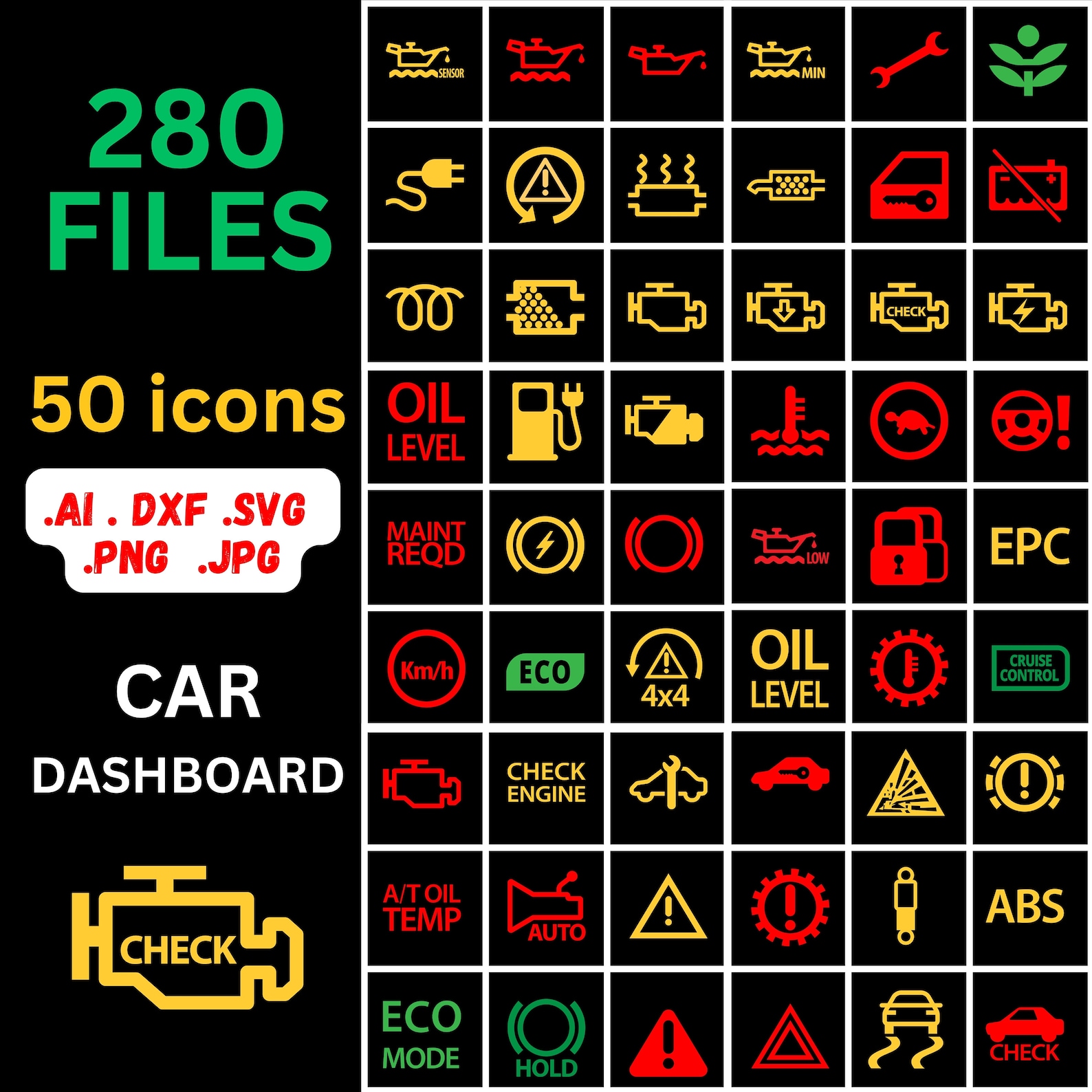 Bundle of 280 Icons - Vehicle Warning Light Icons Bundle - Engine, Oil ...