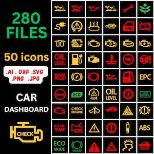 May include: A set of 50 car dashboard warning light icons in yellow, red, and green on a black background. The image includes the text "280 FILES" and "50 icons", along with file type indicators such as .AI, .DXF, .SVG, .PNG, and .JPG.