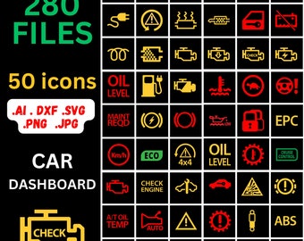 Bundle of 280 icons - Vehicle Warning Light Icons Bundle - Engine, Oil, DPF, Brake Alerts - Ai, SVG, Dxf, PNG Jpg
