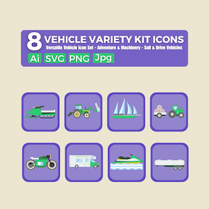 May include: Set of eight colorful icons depicting various vehicles, including a snowmobile, tractor, sailboat, truck, motorcycle, camper van, jet ski, and a tanker truck. The icons are set against a purple background.