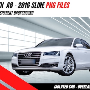 May include: A white Audi A8 2016 S Line car with a black grille and chrome accents. The car is isolated on a white background.