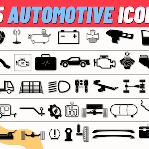35 icônes automobiles - AI, SVG, PNG, JPG, Dxf, PSD. Icônes liées à la voiture. Icônes vectorielles des composants de la direction, du moteur, de la monture en T, de la barre stabilisatrice, du tableau de bord de la voiture