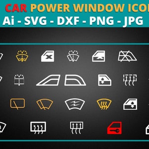 May include: A set of 25 black and white car power window icons. The icons are in a grid format and include various symbols such as a window with a drop of water, a window with an arrow pointing up, a window with an arrow pointing down, a window with a cross, a window with a line through it, a window with a wavy line, a window with a zigzag line, a window with a circle, a window with a square, a window with a triangle, a window with a star, a window with a heart, a window with a key, a window with a number 4, and a window with the word "AUTO".