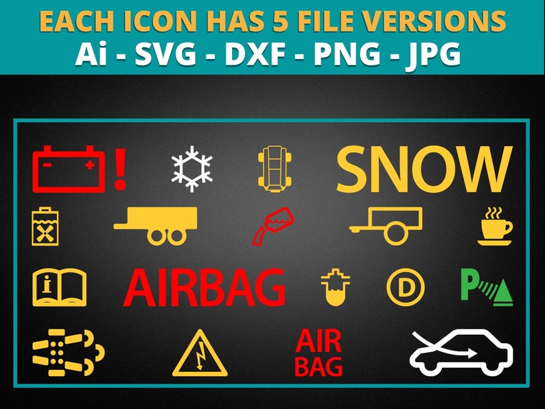 38 Car Dashboard Icons Bundle Fault, Error Message, Check Engine, Car Accessories, Air