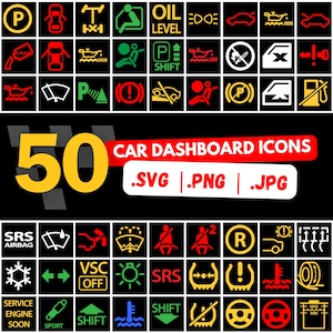 May include: A set of 50 car dashboard icons in various colors, including red, yellow, green, and white. The icons depict common warning lights and symbols found in car dashboards, such as oil level, tire pressure, and engine temperature. The icons are labeled with the text "50 Car Dashboard Icons .SVG | .PNG | .JPG".
