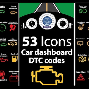 53 Auto-Armaturenbrett, DTC-Codes, Fehlermeldung, Motor prüfen, Fehler, Armaturenbrett-Vektorillustration, Gasstand, SVG-Sammlung