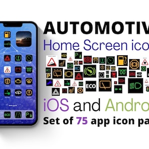 May include: A set of 75 automotive app icons for iOS and Android. The icons are in a variety of colors and styles, including red, yellow, green, and black. The icons depict various car dashboard warning lights and symbols.