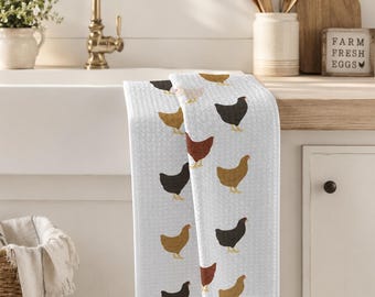 Chicken Pattern Tea Towel | Farmhouse Hen Motif, Rustic Kitchen Microfiber