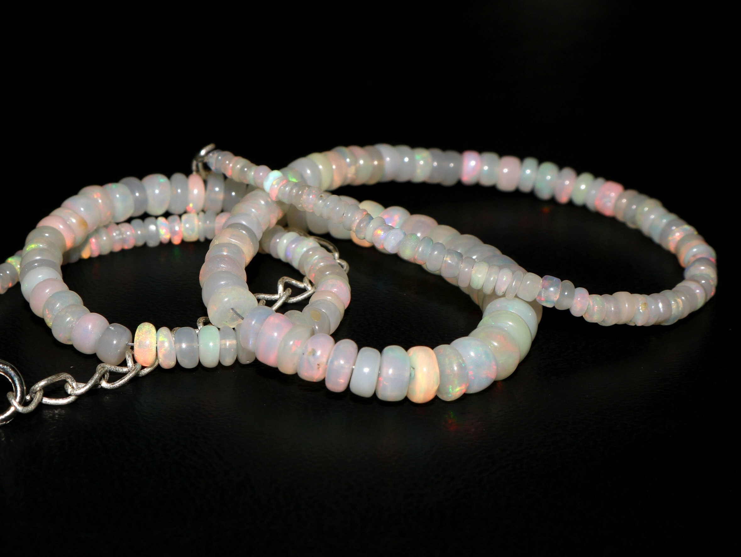 White fire opal bead Handmade choker necklace 13.5 3 sterling silver 925 