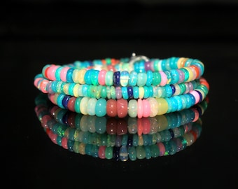 Multi Fire Opal Bead Necklace: Smooth Rondelle Gemstone Jewelry
