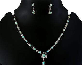 Flash Fire Round and Pear Opal Jewelry Set, Silver Floral Pendant Necklace, Anniversary Gift