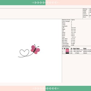 May include: A pink butterfly with a heart-shaped outline, embroidered on a white background. The design is approximately 3.6 cm tall and 6.1 cm wide.