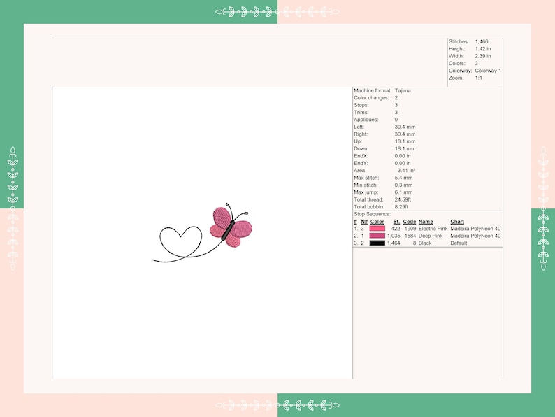 May include: A pink butterfly with a heart-shaped outline, embroidered on a white background. The design is approximately 3.6 cm tall and 6.1 cm wide.