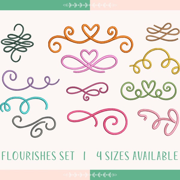 Flourishes Accents Set Embroidery Design, Curly Swirly Accent Set Machine Embroidery Design, 4 Sizes